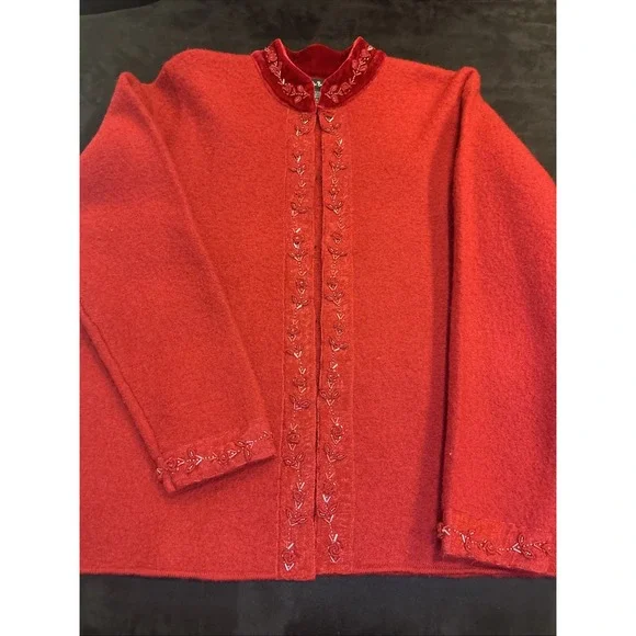 Alexandra Bartlett y2k vtg Red boiled wool cardigan sweater jacket Small Beaded - Picture 1 of 15
